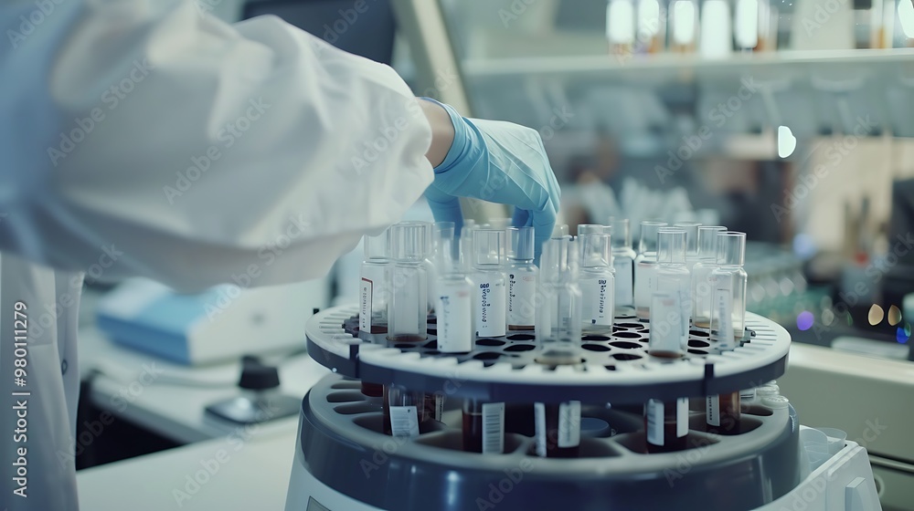 Scientist hand holding test tube for virus test Scientist hand holding test tube for virus test