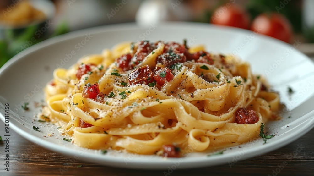 Delicious pasta dish topped with herbs and sauce on a plate. Delicious pasta dish topped with herbs and sauce on a plate.