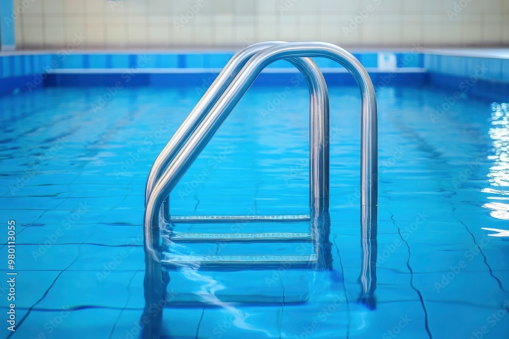 Obraz premium Swimming pool with stair and water. Swimming pool with handrail. Stainless steel ladder in pool. Grab bars ladder in the blue swimming pool, ai