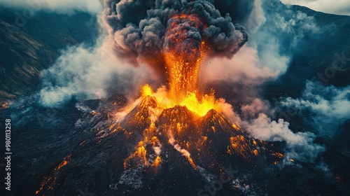 Volcano eruption with colorful smoke and ash clouds