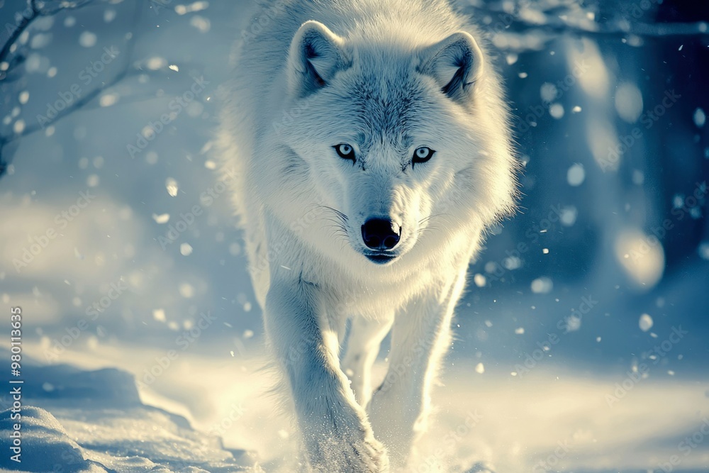 Obraz premium White Wolf Walking Through Snow With a Blurry Background