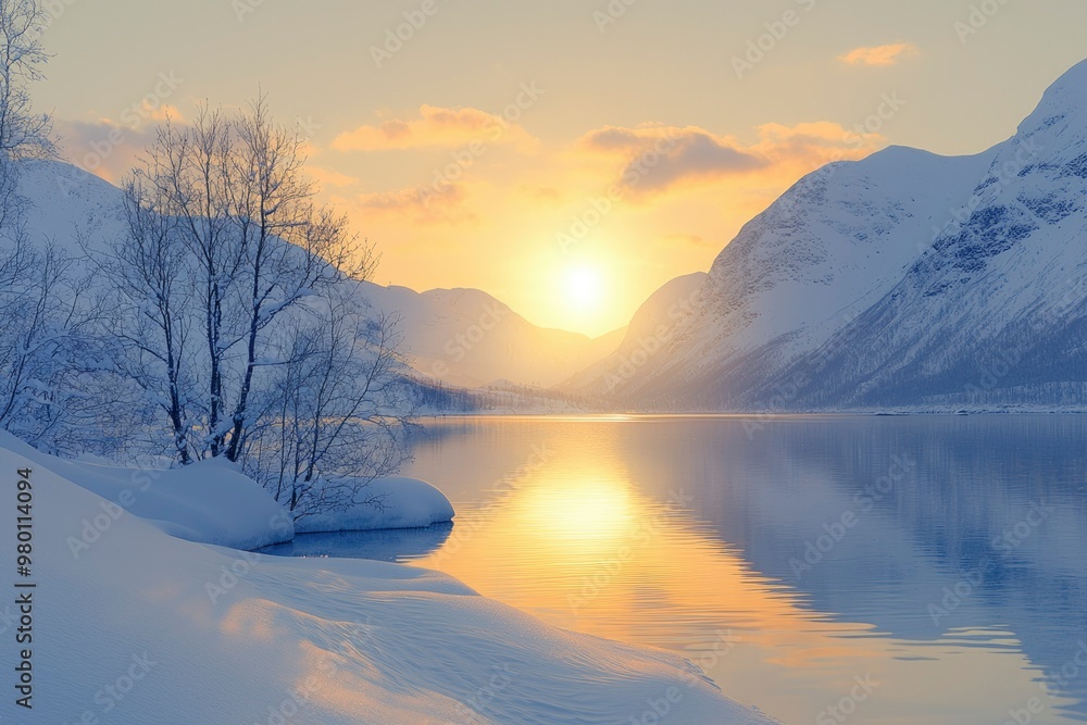 Sunset Over a Snowy Mountain Lake with Bare Trees in Foreground Sunset Over a Snowy Mountain Lake with Bare Trees in Foreground