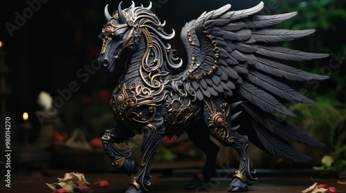 Dark Winged Horse Statue