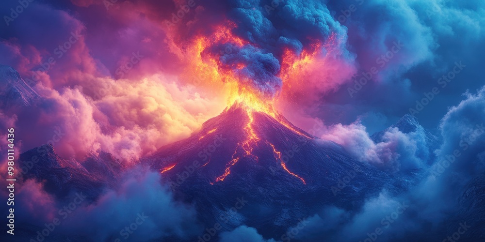 Volcano eruption with colorful smoke and ash clouds Volcano eruption with colorful smoke and ash clouds