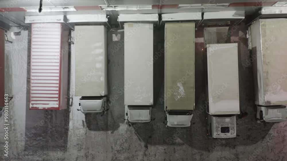 Aerial Top-Down View: Winter Night Logistics in Action | Snowy Blizzard at Modern Warehouse with Trucks at Loading Docks | Drone Footage of Nocturnal Freight Operations in Harsh Weather Aerial Top-Down View: Winter Night Logistics in Action | Snowy Blizzard at Modern Warehouse with Trucks at Loading Docks | Drone Footage of Nocturnal Freight Operations in Harsh Weather