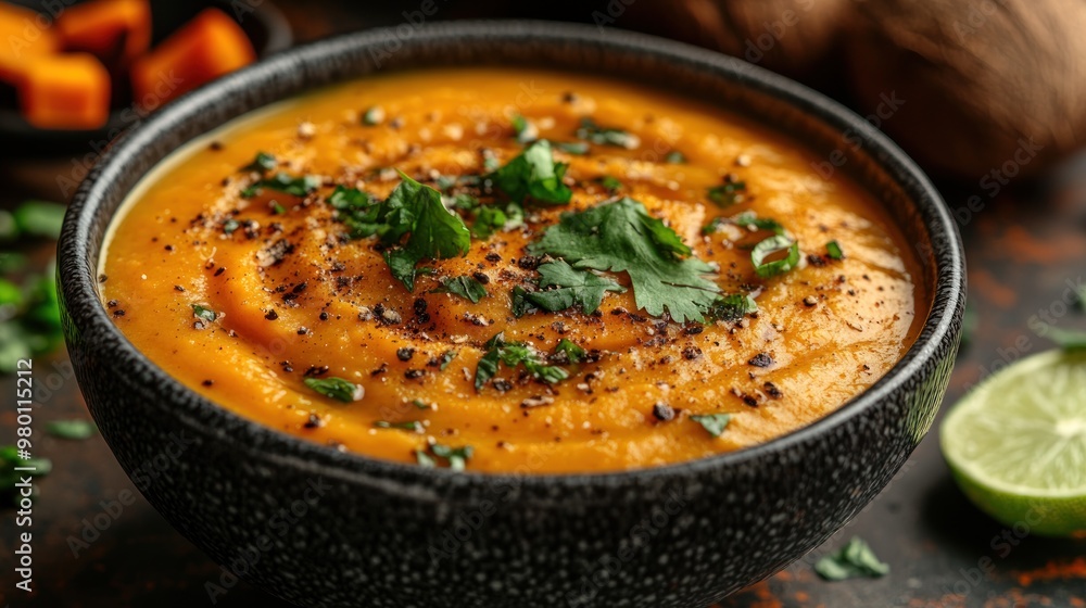 Creamy orange soup garnished with herbs and spices in a bowl.