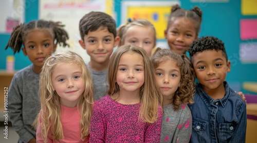 Diverse Group of Elementary School Students Sitting Together in Classroom