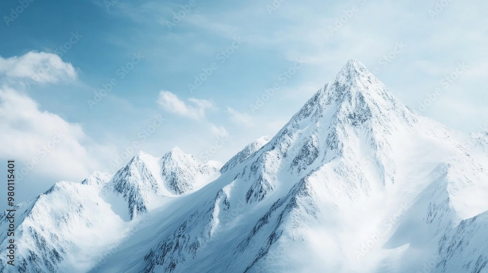 Obraz premium Majestic Snow-Capped Peaks, breathtaking alpine landscape, pristine white snow, minimalist ambiance, serene and open space, tranquil beauty of nature's grandeur