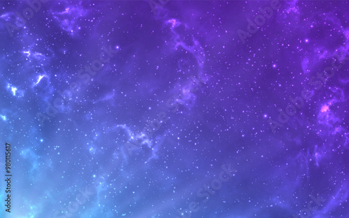 Nebula background. Blue realistic cosmos. Glowing starry wallpaper. Beautiful color galaxy. Shining milky way. Cosmos gradient texture with bright stars. Vector illustration.