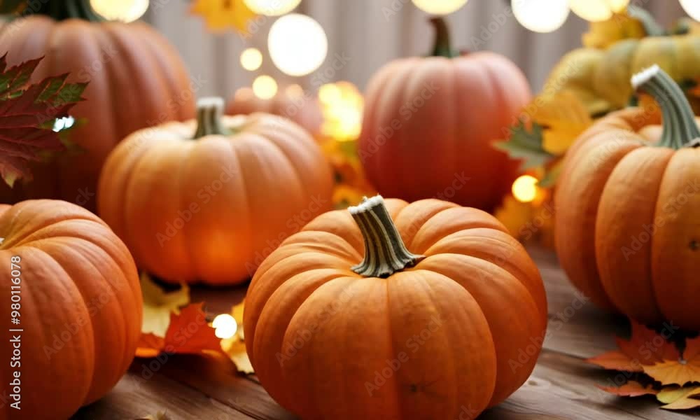 Pumpkins on a rustic wooden table, glowing softly in the warm light of bokeh fairy lights Pumpkins on a rustic wooden table, glowing softly in the warm light of bokeh fairy lights