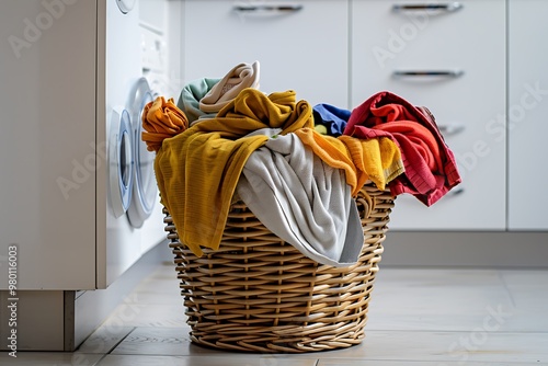 Wicker basket with dirty clothes in laundry room photo