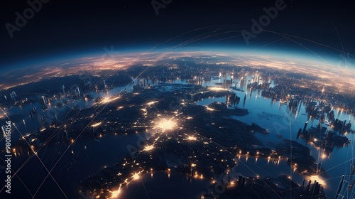 A panoramic view of the Earth's global infrastructure controlled by a massive AI system, satellites orbiting the planet, energy grids connected by glowing lines of light, smart cities operating under 