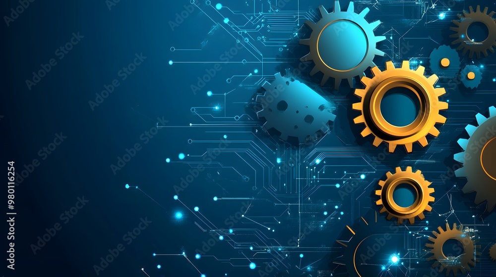 Fototapeta premium Interlocking Gears and Circuit Board on Blue Background