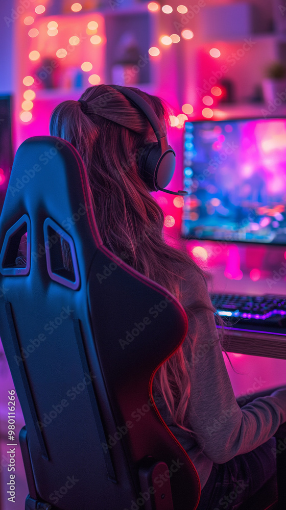 Obraz premium Gamer with headphones playing on large TV in colorful room.