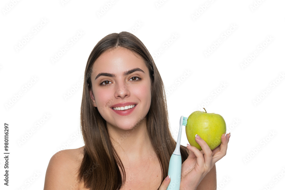 Girl brushing her teeth. White teeth. Dental health care clinic. Electric toothbrush. Woman toothy smile isolated on white. Woman brushing teeth with electric toothbrush. Smart Toothbrush Girl brushing her teeth. White teeth. Dental health care clinic. Electric toothbrush. Woman toothy smile isolated on white. Woman brushing teeth with electric toothbrush. Smart Toothbrush