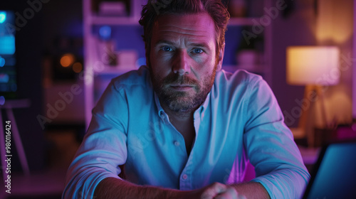 Man working intently at computer in colorful, modern home office.