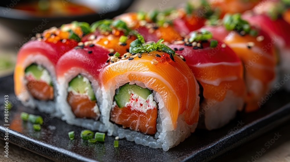 A vibrant platter of sushi rolls garnished with green onions. A vibrant platter of sushi rolls garnished with green onions.