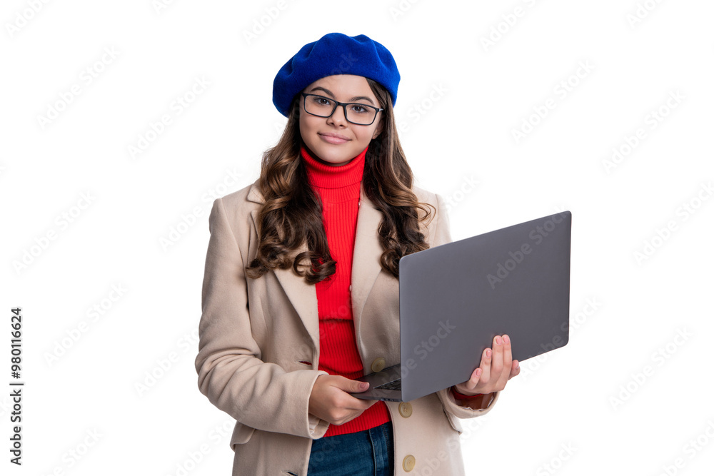Teen girl student study online typing school blog on computer having online education isolated on white Teen girl student study online typing school blog on computer having online education isolated on white