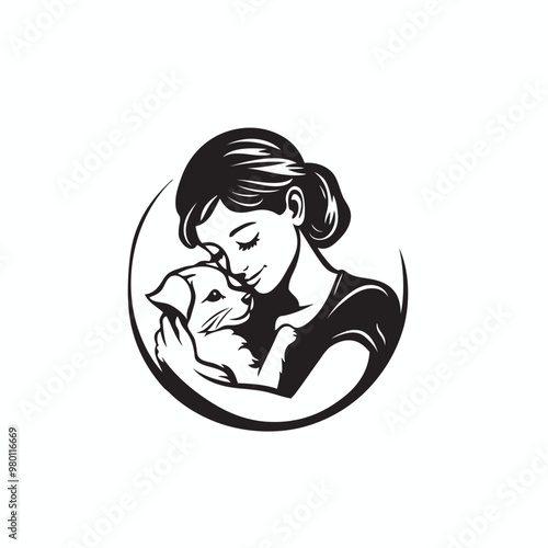 women hug their dog pet, women pets care logo