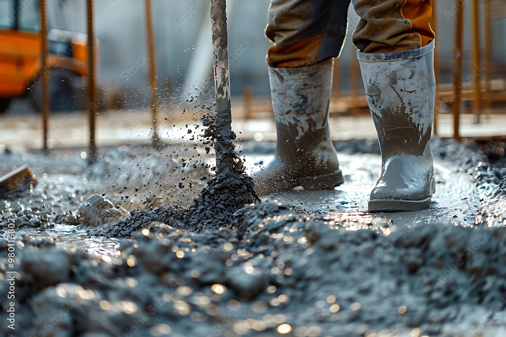 Worker pouring concrete in formwork at construction site, closeup Worker pouring concrete in formwork at construction site, closeup