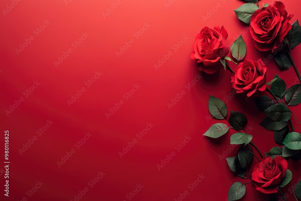 Red rose flowers on red colour background with copy space, Happy valentines day banner type image, Wedding and anniversary greeting background , ai Red rose flowers on red colour background with copy space, Happy valentines day banner type image, Wedding and anniversary greeting background , ai