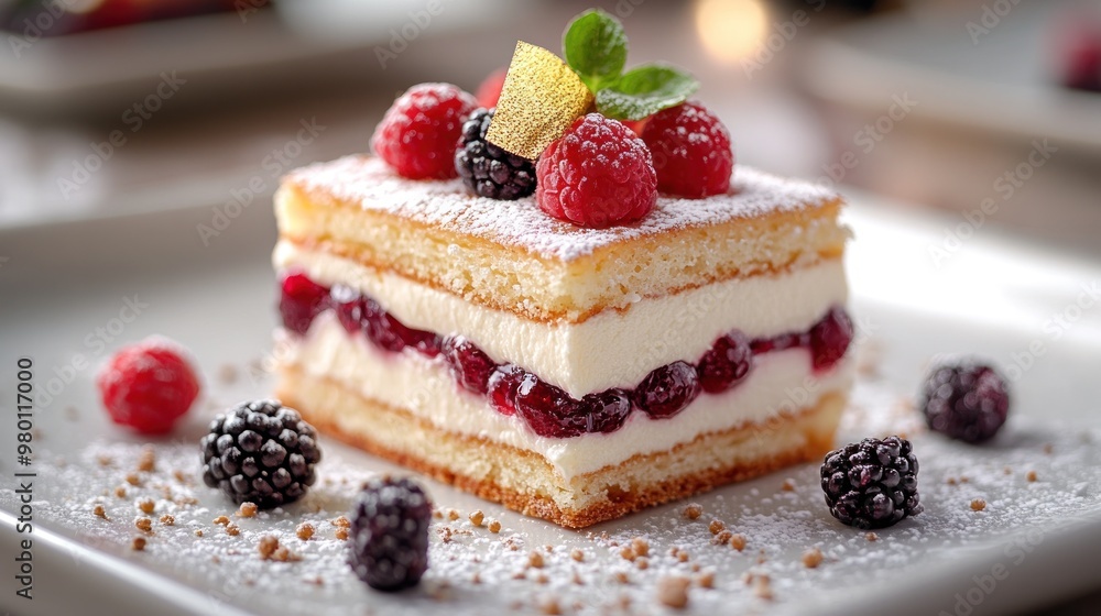 A delicious layered dessert topped with fresh berries and mint. A delicious layered dessert topped with fresh berries and mint.