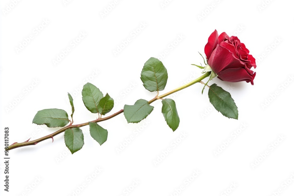Obraz premium Red rose flower with clipping path, side view. Beautiful single red rose flower on stem with leaves isolated on white background. NaturÐµ object for design to Valentines Day, mothers day, ai
