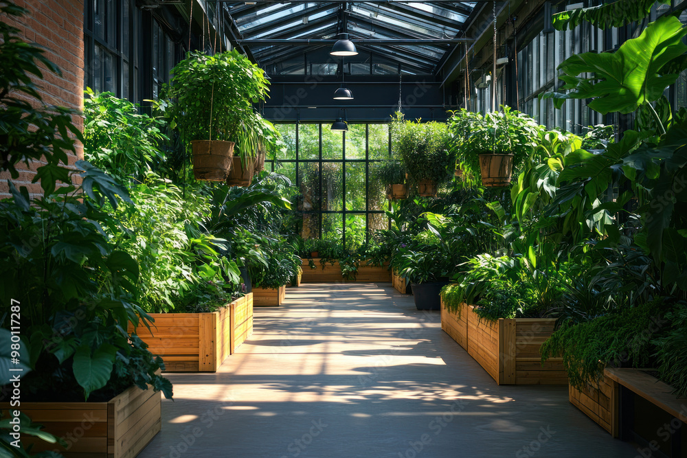 A serene green corridor filled with lush plants and natural light. A serene green corridor filled with lush plants and natural light.