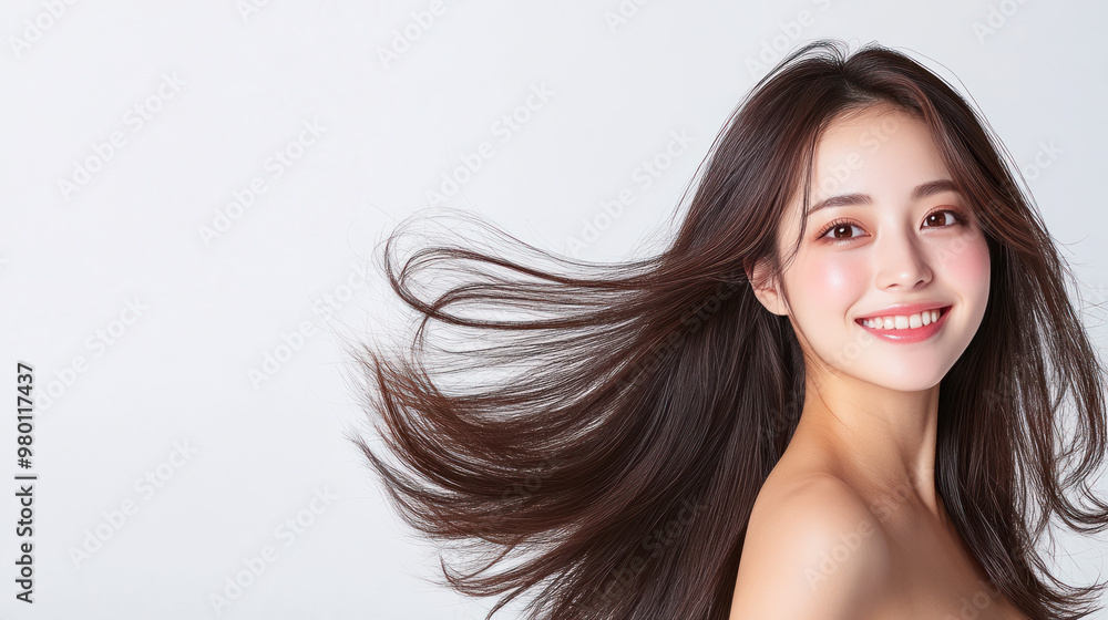 A joyful Japanese woman with flowing hair radiates happiness and confidence. A joyful Japanese woman with flowing hair radiates happiness and confidence.