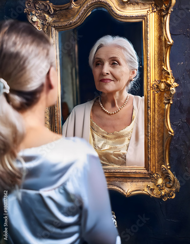 A young woman looks into a golden antique mirror, the mirror shows an very old woman with lots of wrinkles, sharp image, very detailed.