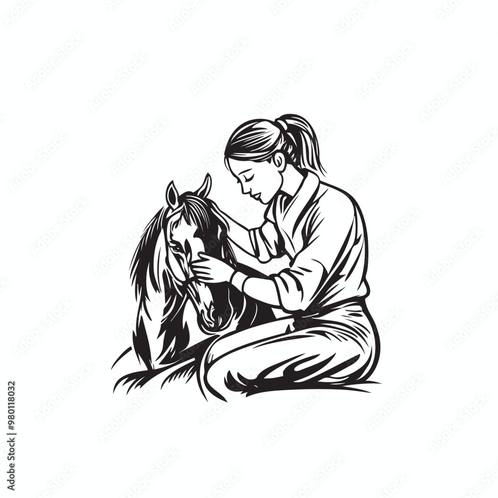 women caring her horse pet, horse pets vector logo women caring her horse pet, horse pets vector logo
