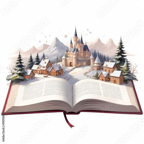 Illustration of an open book and a magical winter fairy tale landscape above it