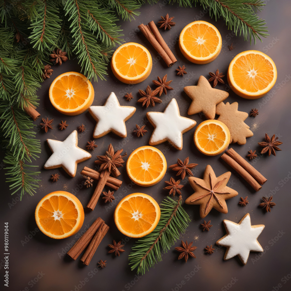 Obraz premium Still life with gingerbread, cinnamon, anise and orange. New Year's treat