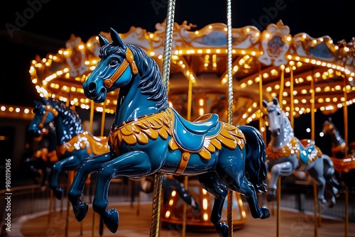 A haunted carousel, with the horses moving slowly on their own in the middle of the night