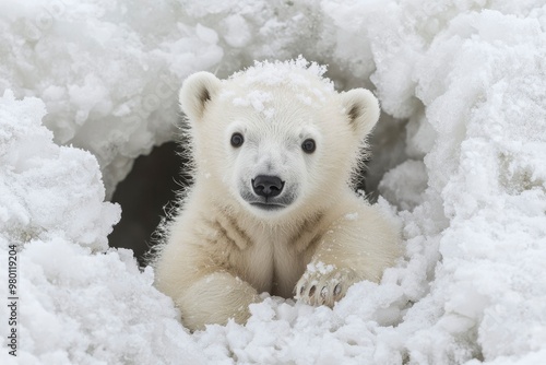 A Polar Bear Cub Peeking Out from a Snowdrift