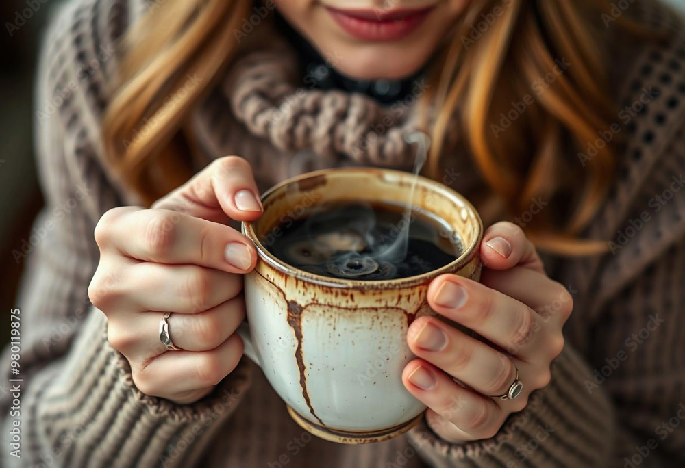 Cozy Coffee Moment: A close-up image of a woman's hands holding a rustic ceramic mug filled with steaming coffee. The image captures the simple pleasure of enjoying a hot beverage on a cold day. Cozy Coffee Moment: A close-up image of a woman's hands holding a rustic ceramic mug filled with steaming coffee. The image captures the simple pleasure of enjoying a hot beverage on a cold day.