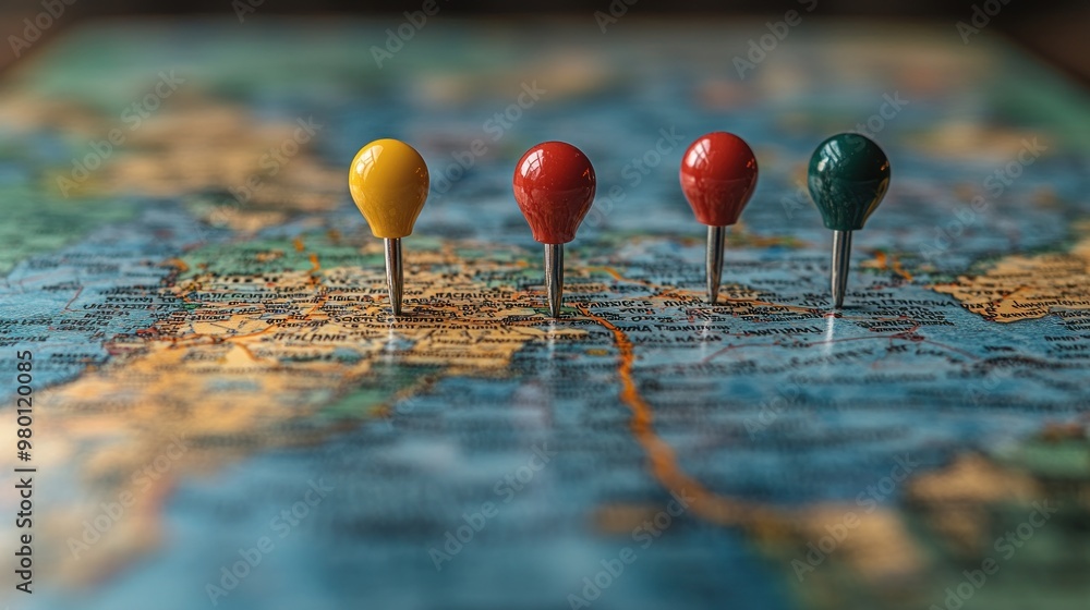 Colorful pins on a map, indicating specific locations. Colorful pins on a map, indicating specific locations.