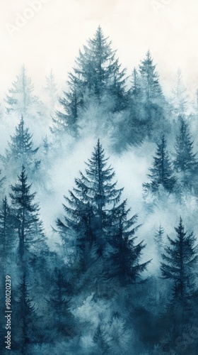 Misty Spruce Forest with Tall Trees Disappearing into Fog