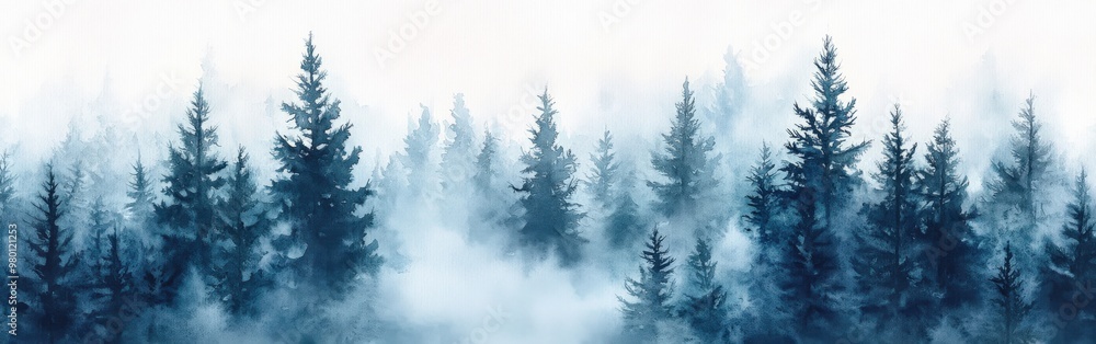 Misty Spruce Forest with Tall Trees Disappearing into Fog Misty Spruce Forest with Tall Trees Disappearing into Fog