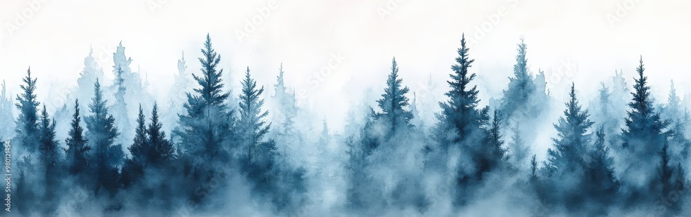 Misty Spruce Forest with Tall Trees Disappearing into Fog Misty Spruce Forest with Tall Trees Disappearing into Fog