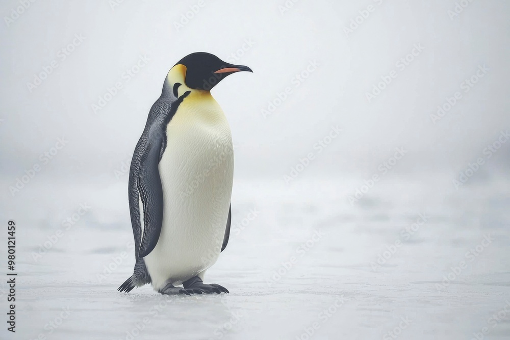 Fototapeta premium Emperor Penguin Standing on Ice in a Snowy Landscape