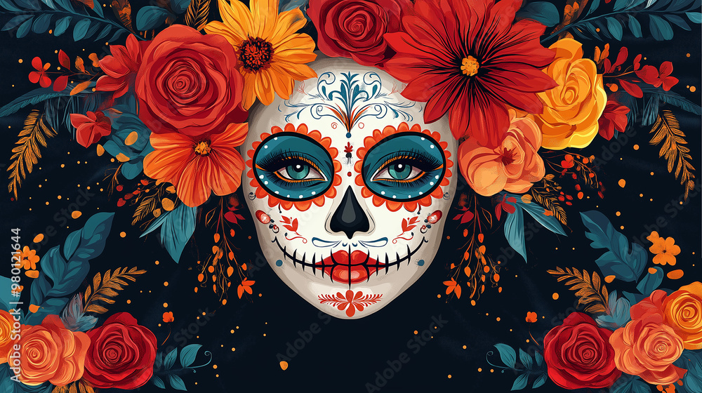 Traditional Face Paint Design, a vector representation of Day of the Dead face paint, with copy space, Day of the Dead Traditional Face Paint Design, a vector representation of Day of the Dead face paint, with copy space, Day of the Dead