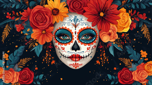 Traditional Face Paint Design, a vector representation of Day of the Dead face paint, with copy space, Day of the Dead