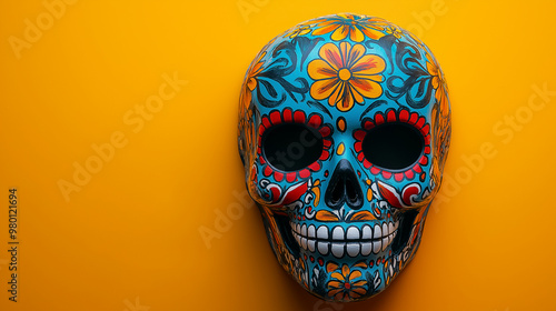 Decorative Skull Mask, a colorful mask in the shape of a skull with intricate patterns, with copy space, Day of the Dead