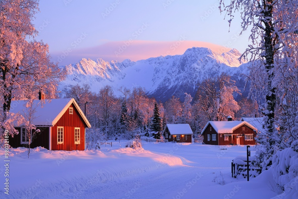 Red Cabins Nestled in a Snowy Mountain Valley at Sunset Red Cabins Nestled in a Snowy Mountain Valley at Sunset