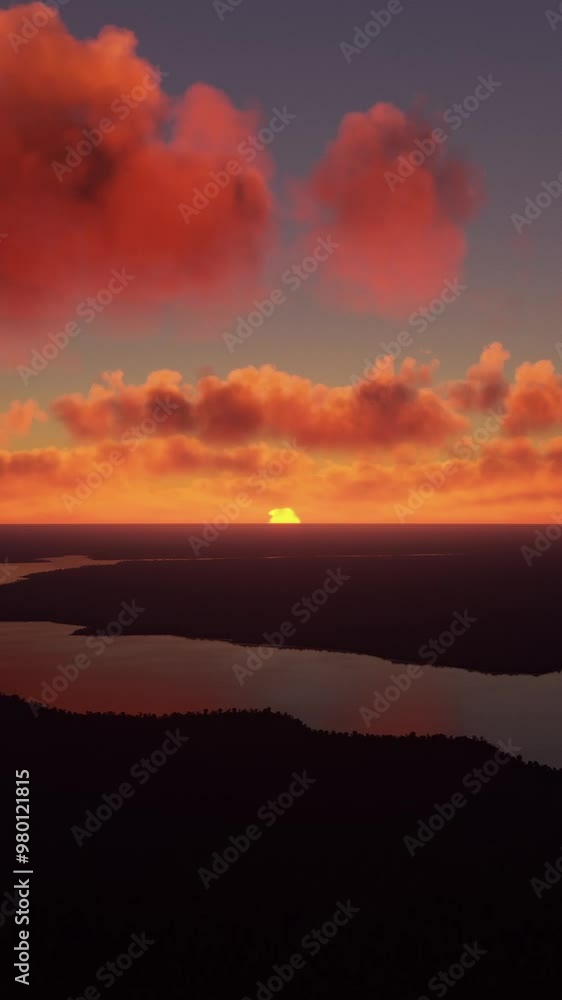 Aerial view at sunset of the Badajós river of the Amazon rainforest in Codajás. Brazil