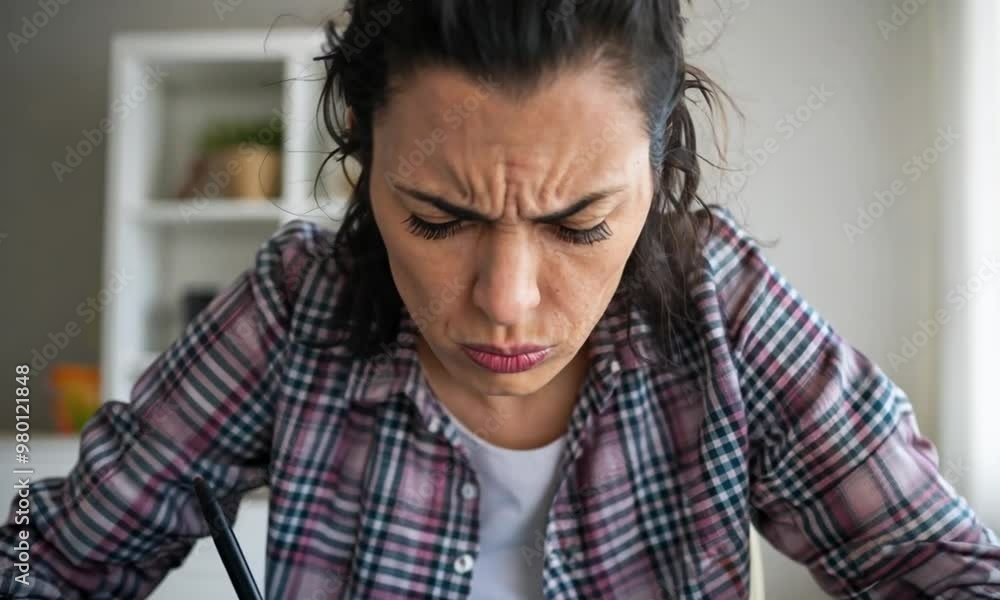 A woman in her late 20s with furrowed brows and lips slightly pursed, deeply concentrating on a task in front of her. A woman in her late 20s with furrowed brows and lips slightly pursed, deeply concentrating on a task in front of her.