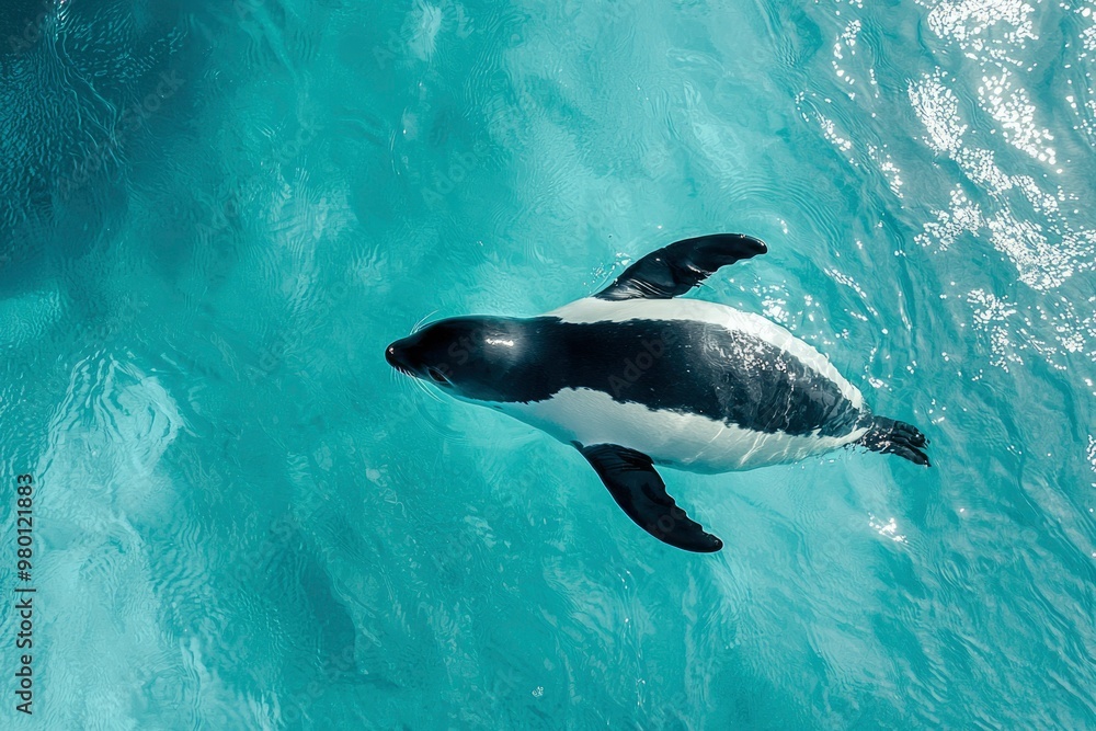 Fototapeta premium Black and White Penguin Swimming in Aqua Water