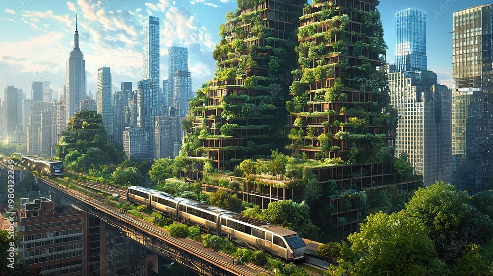 Obraz premium A city skyline dominated by massive vertical forests, skyscrapers covered in lush greenery, biophilic architecture blending seamlessly with nature, and zero-emission