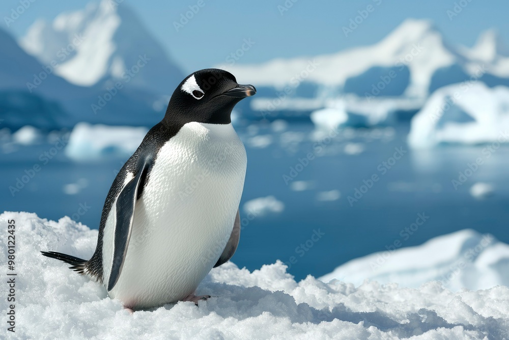 Fototapeta premium A Single Penguin Standing on Snow with Icebergs in the Background